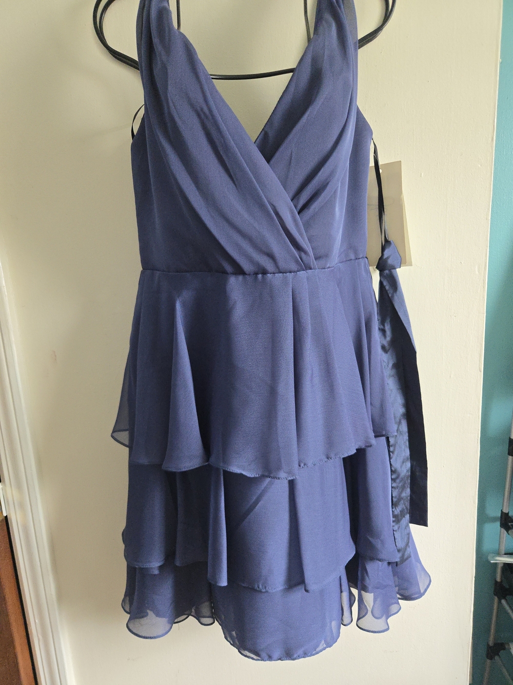 Sleeveless V Neck Navy Tiered  Mini Dress